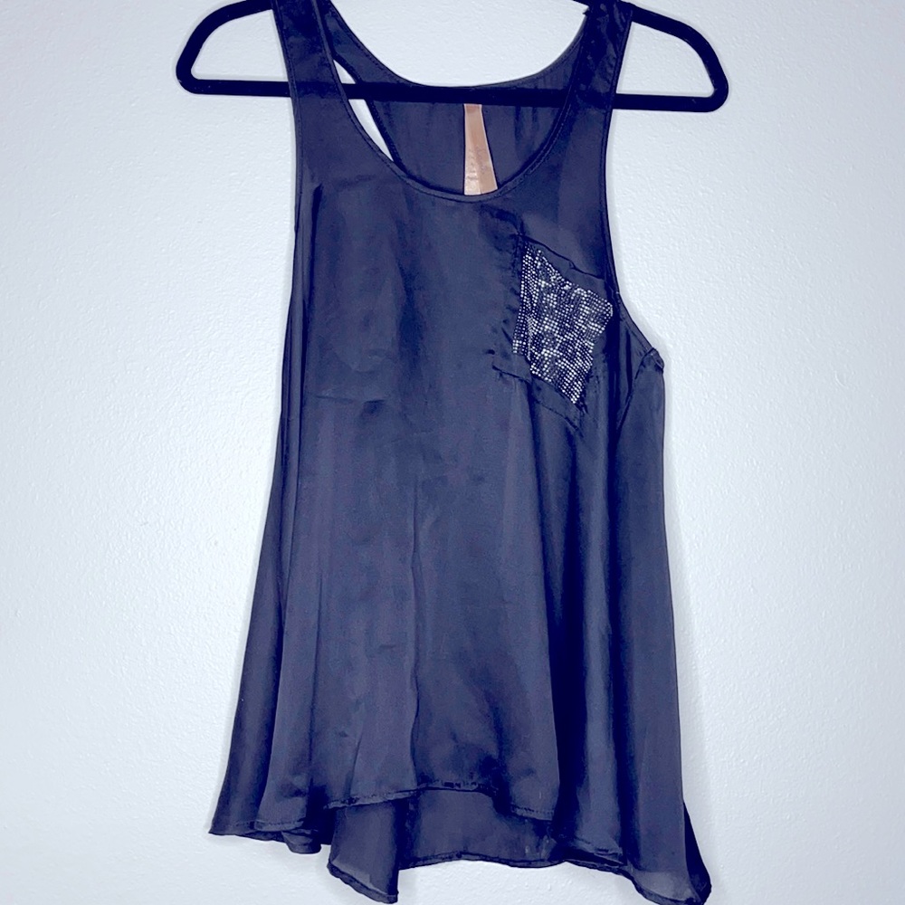 Flowy Black Tank with Silver leopard picket detail